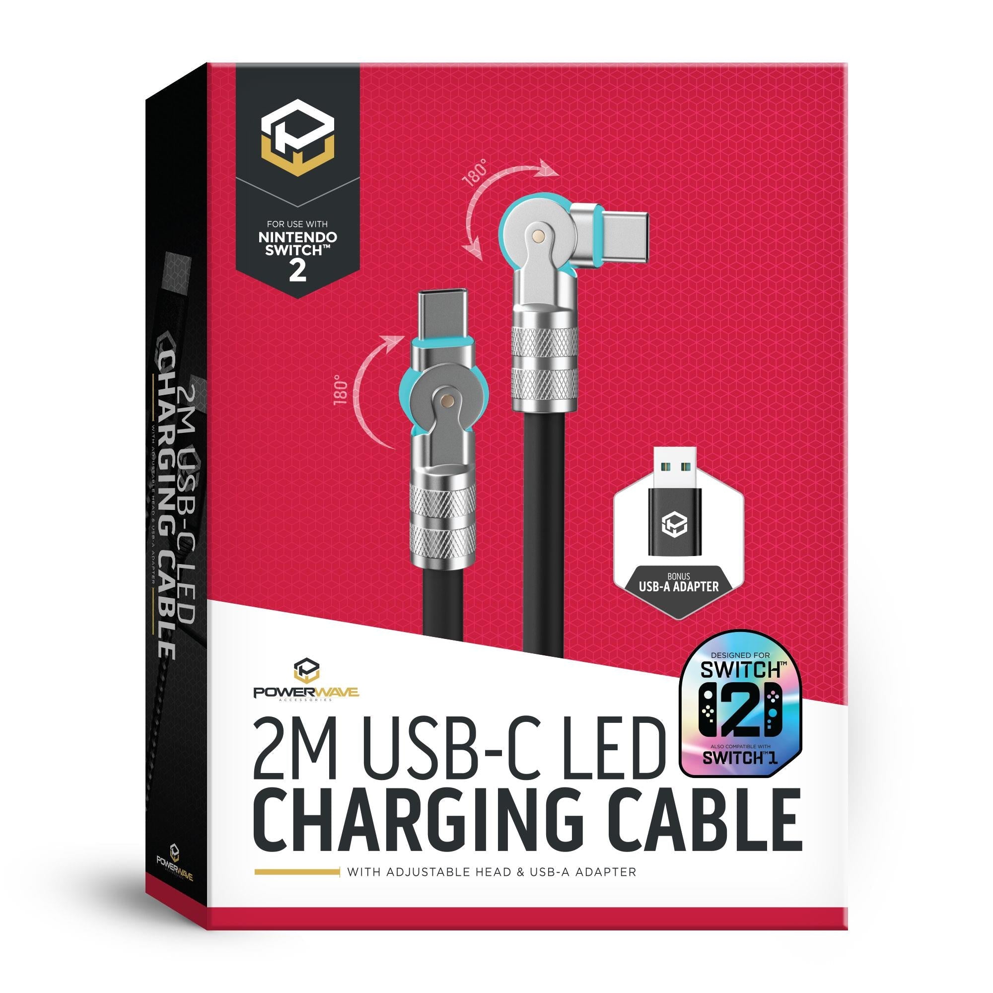 Powerwave 2M USB-C LED Charging Cable with Adjustable Head & USB-A Adapter for Nintendo Switch 2